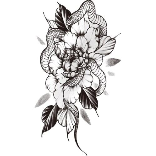 Temporary Tattoo Stickers Black Snake Flowers Branches Leaves Totem Fake Tattoos Waterproof Tatoos Arm Large Size for Women Girl