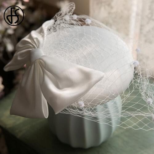 FS Women Chic Fascinator Hat Cocktail Wedding Church Party Headpiece Kentucky Headwear Bowknot Veil White Fedora Hat For Bride