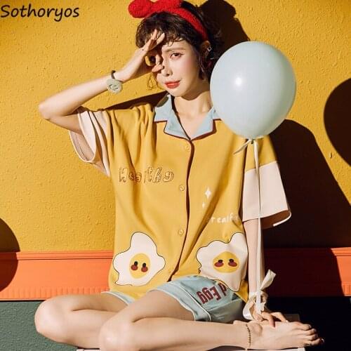 Women Pajama Sets Sleepwear V-neck Cute Cartoon Korean Style Homewear Simple Short Sleeve Fashion Cotton Loose Cozy Summer Retro