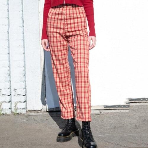 Women Casual Pants Retro Long Pants Straight Pant Streetwear High Waist Women Pant Chic Tartan Red Trousers Pocket