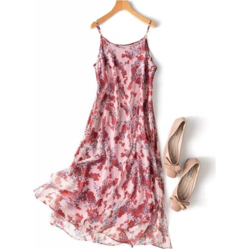 Womens 100% Silk luxury Fashion Heavy sun-top Long Dress Elegant Pink Flowers Prints One Size L1129