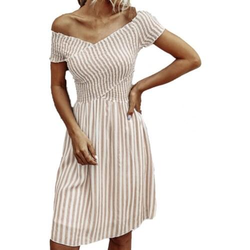 Hot Sales Summer Dress Stripe Off Shoulder Women Cross Backless Elastic Waist Dress for Dating