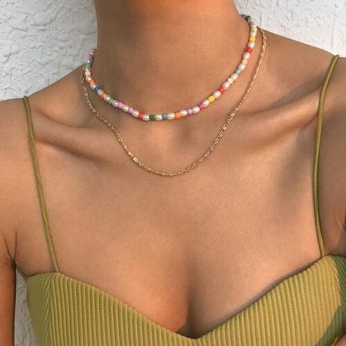Fashion Colorful Beads Pearl Choker necklace Women bohemian boho Gold Color Metal Chain Layered Vintage Elegant Choker collar