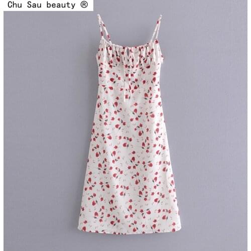 2021 Vintage Girl Summer New Idyllic Holiday Red Floral Print High Waist Strap Slim Midi Dress For Woman