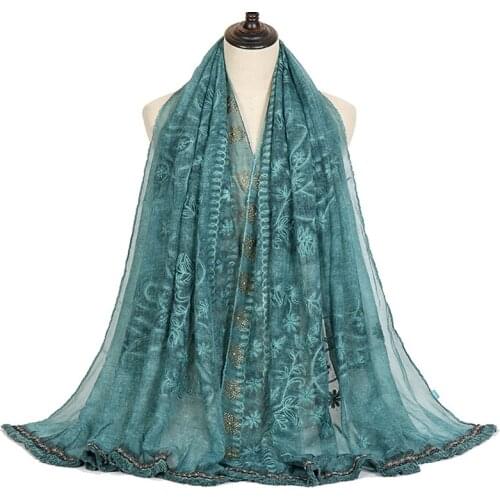 2020 Embroidered Cotton Scarf Women Muslim Hijab Glitter Plain Scarves Shawl Flower Foulards Floral Headband Stoles 10pcs/lot