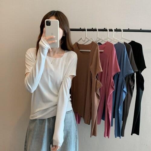 2021 autumn and winter new Korean version of ins wind square collar design sense hole chic t-shirt bottoming shirt