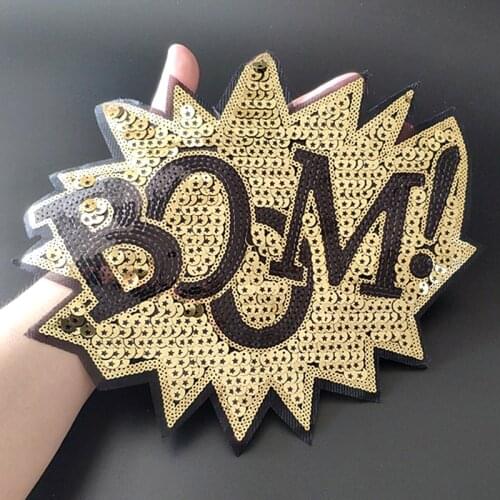 27CM BOOM Patches For Clothing Golden Sequins Biker Badge Embroidery Fabric Patch Sequined Women Clothes Stickers Strange things