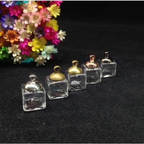 5pcs 13mm clear square shape glass globe bubble 8mm metal cap DIY Glass bottle vial pendant necklace jewelry accessories gift
