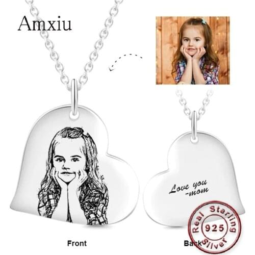 Amxiu Custom Photo Pendant Necklace Engraved Name 925 Sterling Silver Heart Necklace for Women Men Memorial Best Christmas Gift