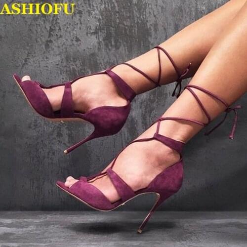 ASHIOFU Handmade Ladies High Heel Sandals Cross Shoelace Ankle Straps Party Prom Shoes Dress Dating Evening Fashion Sandals