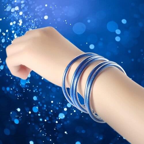 Bling Bling 5Pcs Blue Color Glitter Jelly Bangle Bracelet Plastic w Shinning Powder Lining Fashion Jewelry Lightweight Bracelet