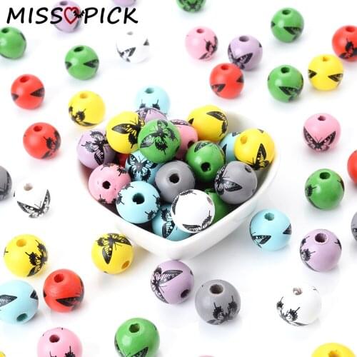 10pcs 15mm Round Multicolor Butterfly Pattern Natural Wood Beads Loose Spacer Beads for Jewelry Making DIY Bracelet Accessories