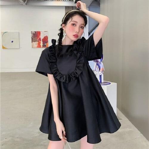 One Piece Mini Dress Lolita Black Princess Fairy O-Neck A Line Ruffles Sweet Knee-Length Dress Baby Doll For Women Lolita Dress