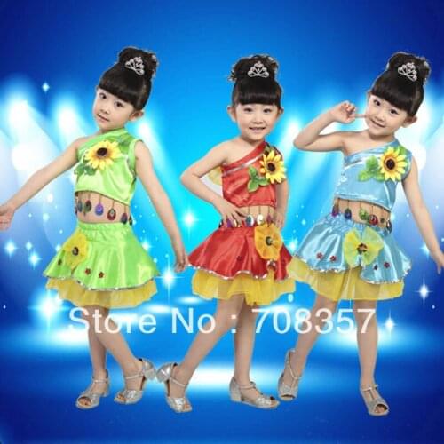 Childrens Fancy Costumes Flowers Dance Suit Skirt And One shoulder Top Set /Kids Ballroom Performance Wear