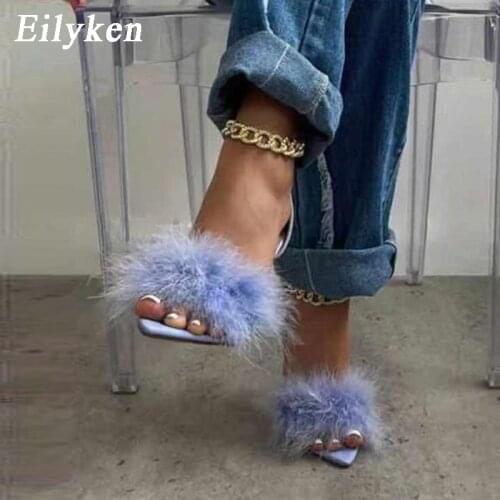 Eilyken 2021 New Purple Sandals Women Sexy Open Toe Feather Design Summer High-Heeled Chain Sandals Ladies Wedding Shoes Zipper