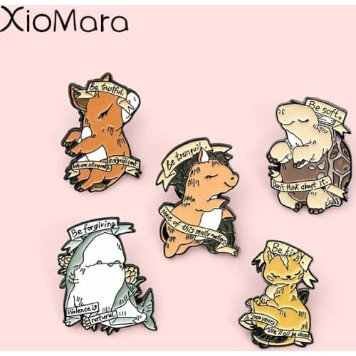 Smiling Animal with Closed Eyes Enamel Pins Dinosaur Shark Brooches Lapel Badges Cartoon Jewelry Gifts for Friend Wholesale Pin