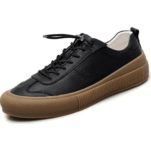 Mens Spring Autumn Casual Shoe Leather Round Lace Up Flat Shoes Soft Comfortable Anti Slip Breathable Casual Shoes Black White