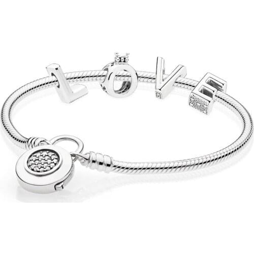 NEW 100% 925 Sterling Silver Love RAU0486 CROWN CHARM LETTER 597092CZ MOMENTS SMOOTH BRACELET WITH SIGNATURE PADLOCK Set