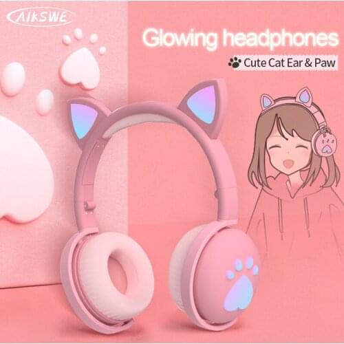 New Bluetooth Wireless HIFI Stereo Bass 3.5mm Plug glowing cute LED Cat Ear Paw With Mic Headphones For Girls Kids Gift