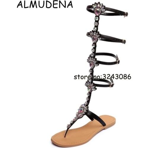 Bohemia Style Lady Knee High Rhinestone Sexy Sandals Boots Buckle Strap Crystal Cut-outs Summer Long Boots Shoes High Heels