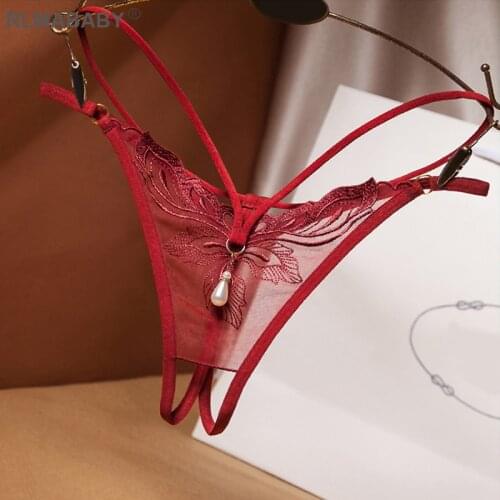 Sexy Transparent Embroidery Floral Pearl Tassel Women Lingerie G-String Panties Fashion Hollow Out Female Underwear Thong Briefs