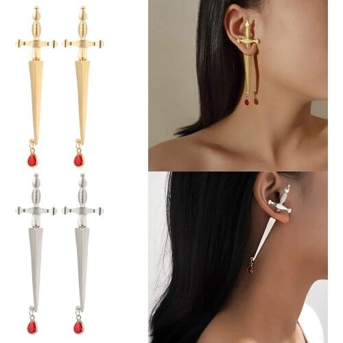 1Pcs Gothic Retro Dagger Sword Stud Earring Cross Ear Decor Punk Hip Hop Drop Earrings for Men Women Fashion Jewelry Gift