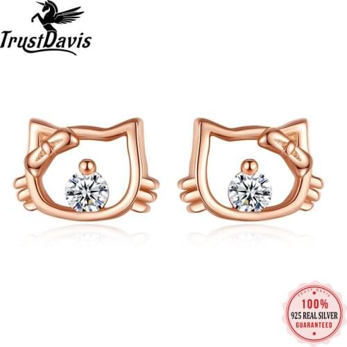 TrustDavis Real 925 Sterling Silver Cute Cat Animal Stud Earrings For Women Teen Girl Friend Lady Jewelry Gift F92