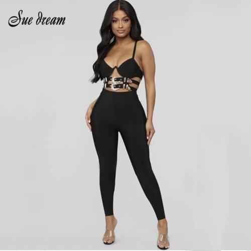 High Quality 2021 New Womens Black 2 Two-piece Rayon Bandage Set Short Top & Pencil Pants Fashionable Sexy Club Pants Set