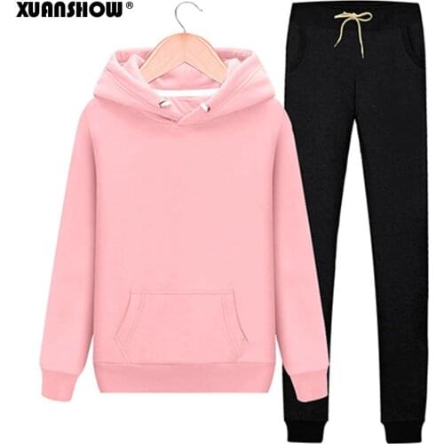 XUANSHOW 2019 Fashion Tracksuit Women Autumn Winter Clothes Cotton Long Sleeve Hoodies+Splice Long Pant Two Piece Set S-XXL