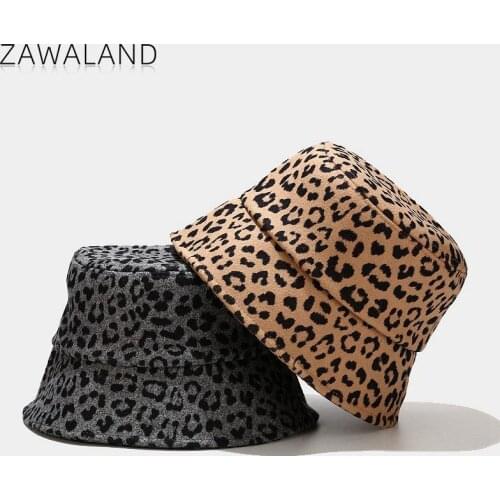 Zawaland Women Cow Pattern Bucket Hats Autumn Warm Basin Caps Woolen Cloth Outdoor Windproof Hat Zebra Leopard Print Head Wear