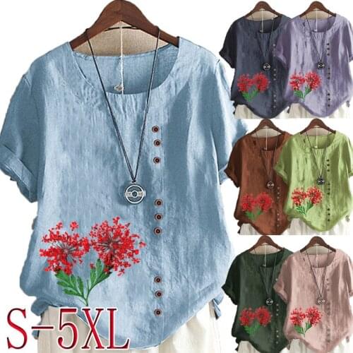 Womens Summer New Fashion Casual Linen Shirt Round Neck Printing T-shirt Short Sleeve Tops Loose Blouse S-5XL
