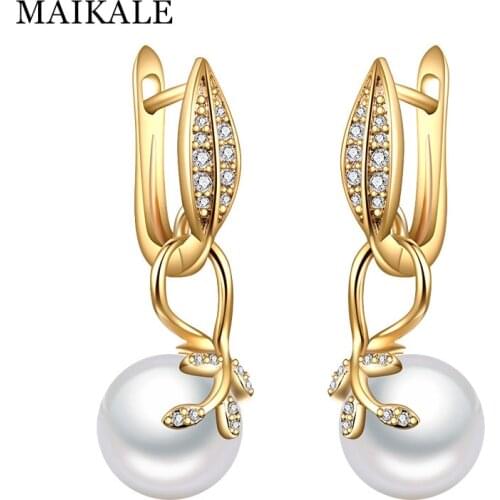 MAIKALE New Simple Leaf Shape Drop Earrings With Pearl Gold Silver Color AAA Cubic Zirconia Korean Earrings For Women Send Gifts