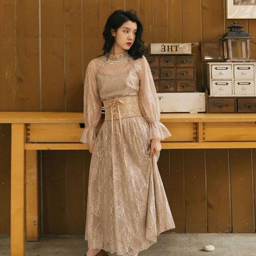 Fashion brand retro palace style embroidery lace dress female retro elegant Victoria style flare sleeve vacation dress wq1060