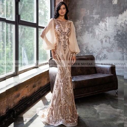 Real Picture Luxury Dubai Mermaid Evening Dress for Women 2021 O Neck Long Sleeves Sequin Formal Party Prom Gowns