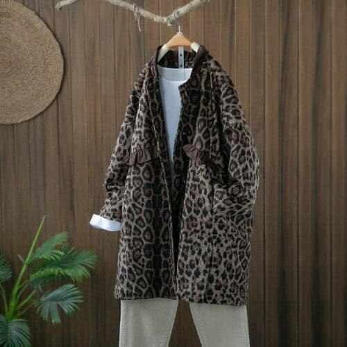 Large Size Winter Long Sleeve Leopard Print Wool Coat Mid Long Thick Overcoat Blends Outerwear 2021 New Windbreaker Female Tops