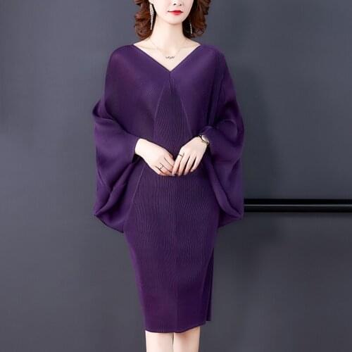 2021 New Fashion Spring Autumn Women Lady Elegant Sexy V-Neck Casual Office Batwing Sleeve Big Size Slim Pleated Midi Dress