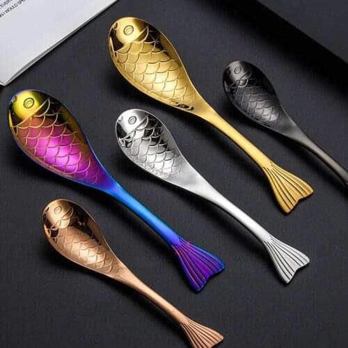 304 Stainless Steel Creative Fish Shape Spoon Home Dessert Coffee Rice Spoon Cartoon Rose Gold Flatware