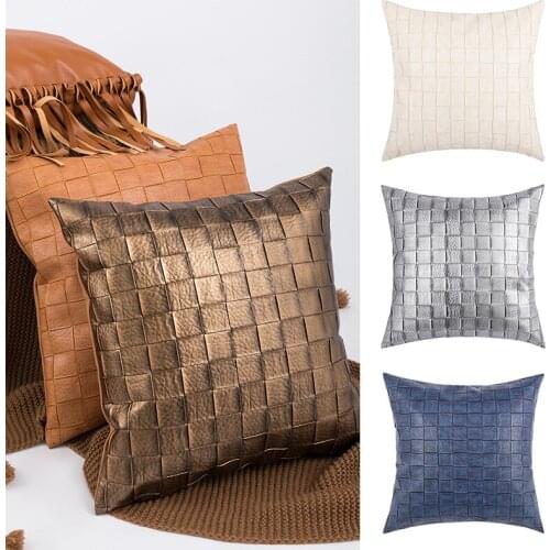 45x45cm solid color pu fabric back cushion cover checkered pattern waist pillow case decorative pillow cover