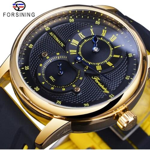 Forsining Black Golden Luxury Men Transparent Automatic Wristwatch Waterproof Mechanical Watch Silicone Band Casual Sport Clock