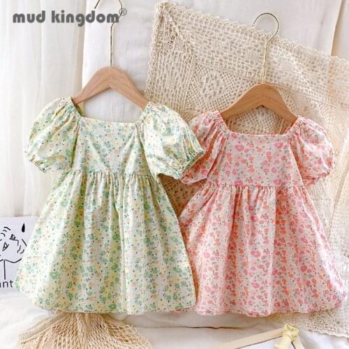 Mudkingdom Princess Dress Girls Summer Elastic Puff Sleeves Square Collar Floral Dresses Kids Drop Shoulder Children Clothing