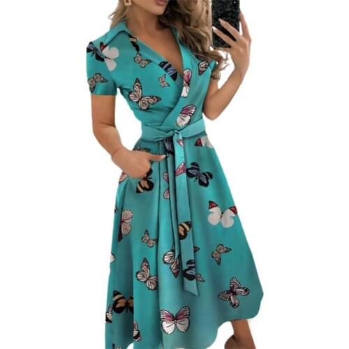 Summer Dress Women Dresses Bohemian Fashion Women Dress Turn Down Collar Solid Color Short Sleeve Belt Long A-line Dress Party