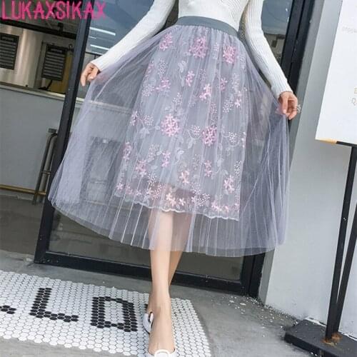 LUKAXSIKAX 2020 New Spring Summer Women Skirt High Quality Flowers Embroidery Mesh Pleated Skirt Chic High Waist Midi Skirt