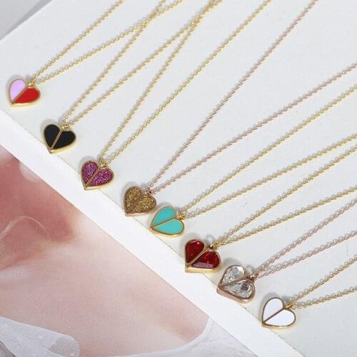 Small Shining Lovely Small Peach Heart Contrasting Color Enamel Sequins Sweet Temperament Clavicle Chain Necklace