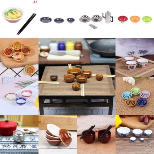 1:12 Dollhouse Noodles Rice Miniature Dish Bowl Soup Pot Chopsticks Tableware Set Doll Kitchen Toy