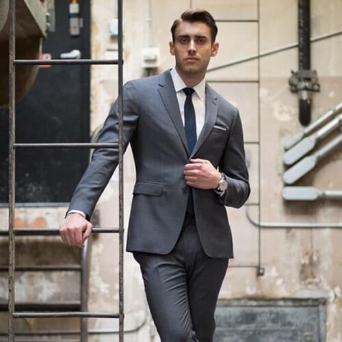 ANNIEBRITNEY Fashion Grey Men Formal Slim Fit Suit High Quality Business Suit With Pants Groom Wedding Tuxedo Custom Wool Suit