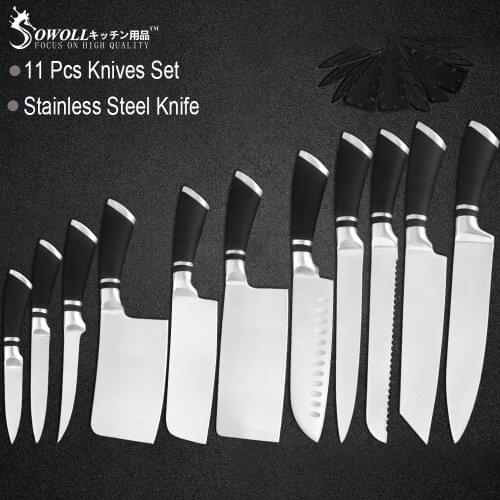 Sowoll 11pcs Stainless Steel Kitchen Chef Knives Set Non-slip Chopping Santoku Knives Japanese Style Sushi Fish Sashimi Tools