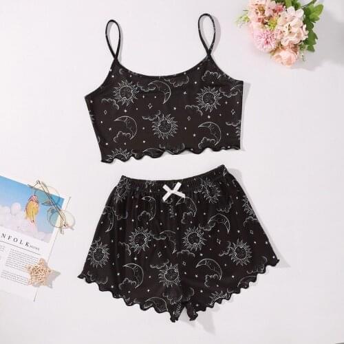 Sleepwear Print Pajamas for Girls Sleep Tops + Pants Summer Pijama De Mujer Pyjama Femme Sexy Lingerie Set