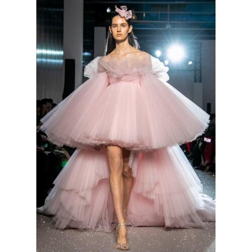 Robe de soiree 2019 New Pink High Low Evening Formal Dress Party Gown Puffy Long Sleeve Slash Neck Sweep Train Prom Party Dress