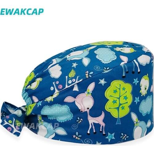 Adjustable Surgicals Cap with Buttons Women Men Pure Cotton Dentist Clinic Working Scrub Caps Deer Printed Baotou Hat