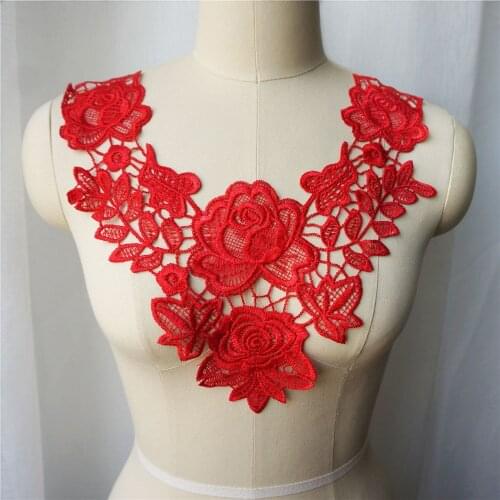 Red Embroidered Gown Appliques Lace Fabric Trims Collar Mesh Sew On Patches For Wedding Decoration Dress DIY